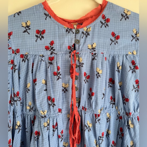 NWT- Free People Blue Floral Tiered Mini Dress XS Boho Cottagecore Ruffle Sleeve - Picture 2 of 8